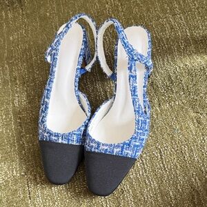 Blue Tweed Slingback Pumps with Black Cap Toe